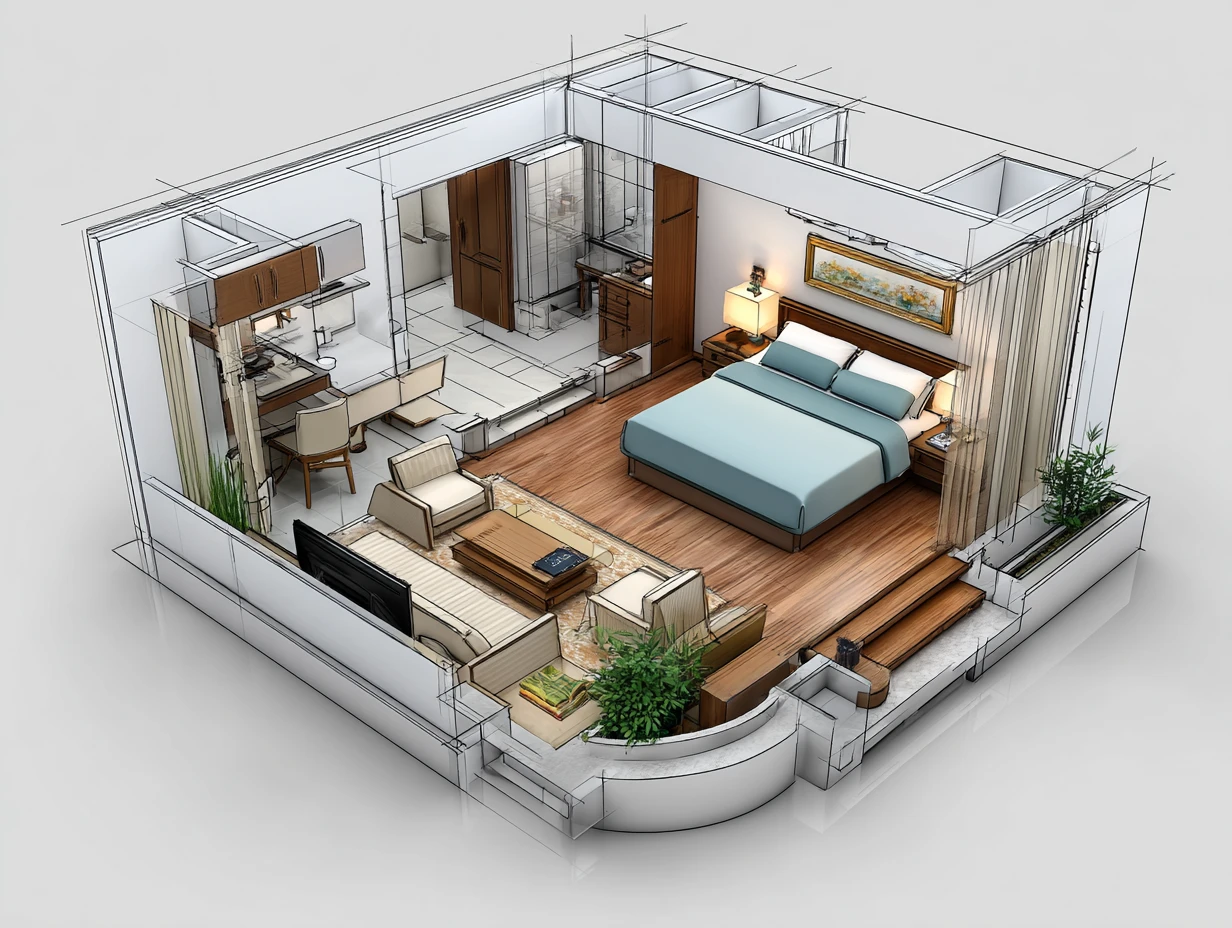 Layout 3D camera da letto in fase di progettazione